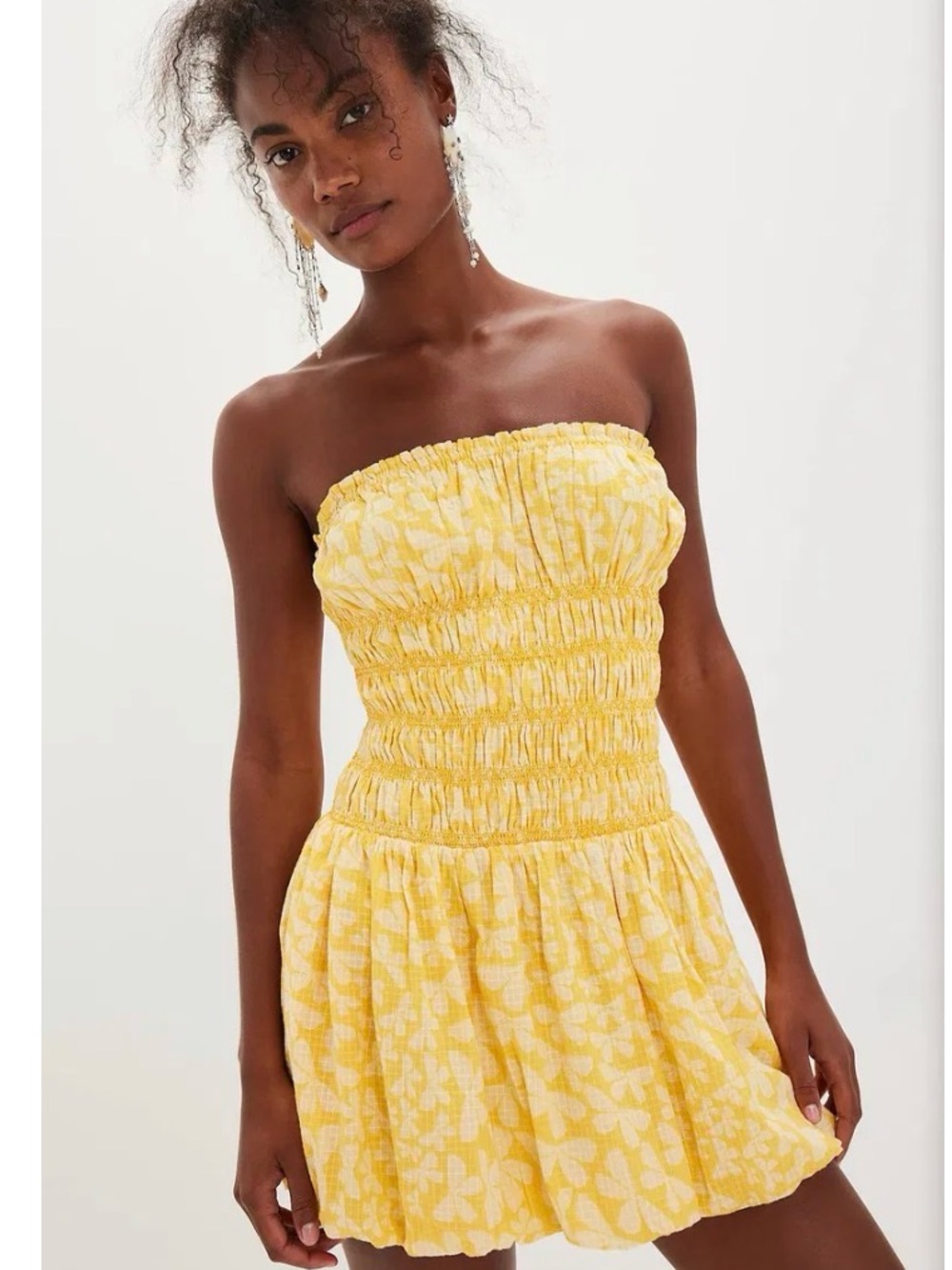Free People Yellow Strapless Annalise Smocked Mini Dress